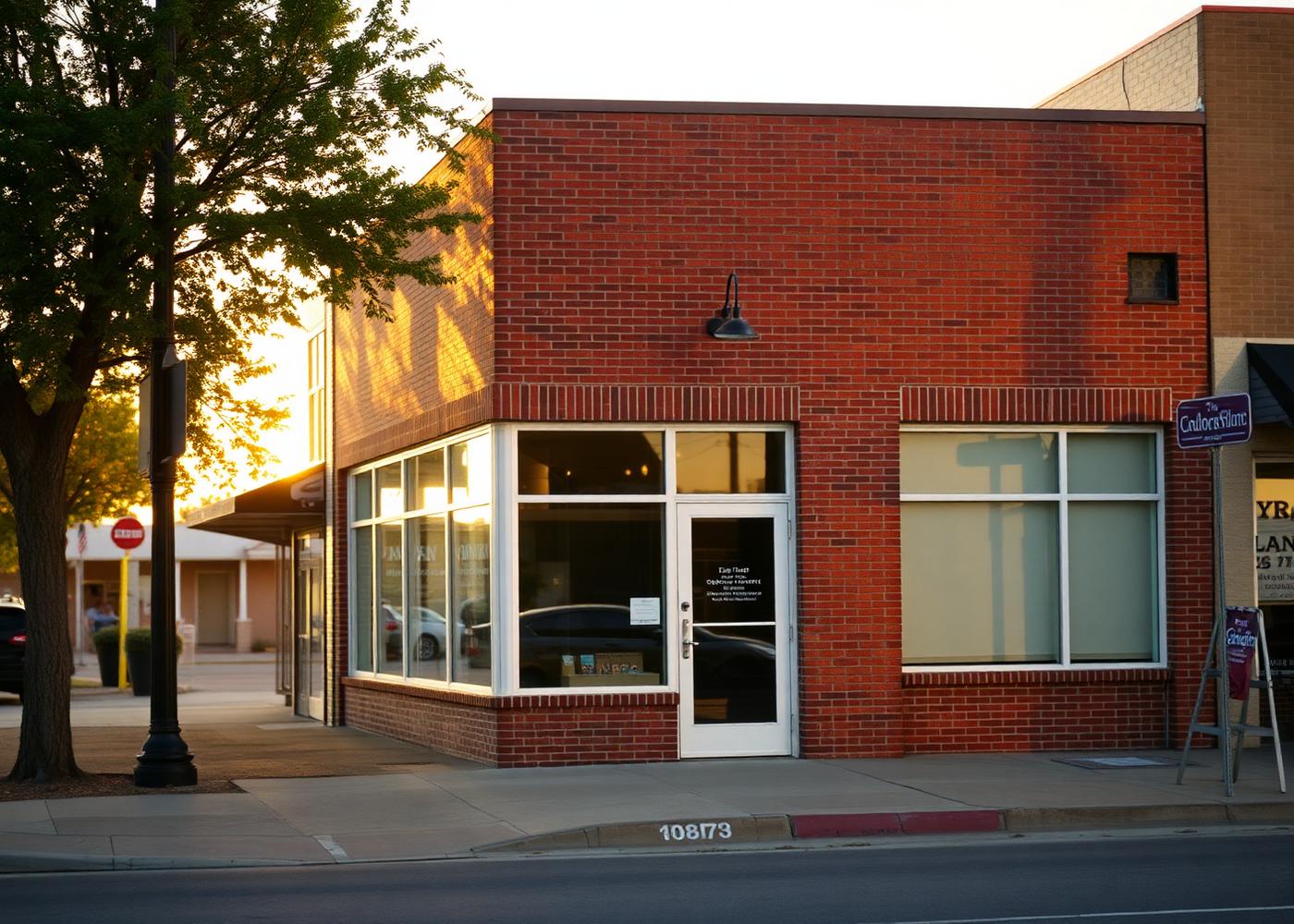 A small brick storefront on Main Street in Ada, Oklahoma at golden hour.